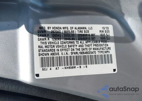 2004 Honda Odyssey Ex-L from USA, damaged, VIN 5FNRL18064B025470